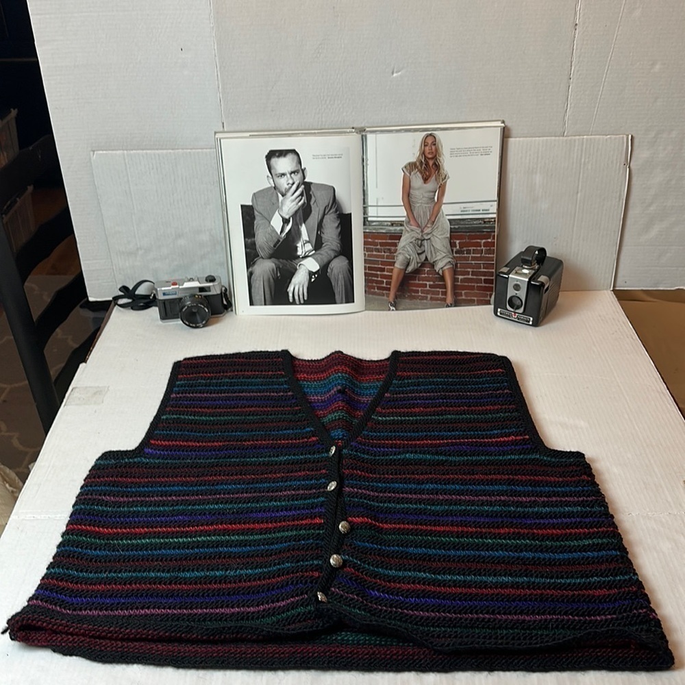 Vintage Handmade Folk Knit Sweater Vest | Dopamine Stripe Artisan Button Front
